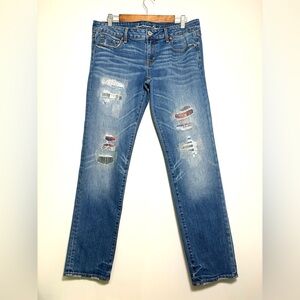 American Eagle Stretch Manufacture Distressed Patched Stitching Jeans Women’s 14